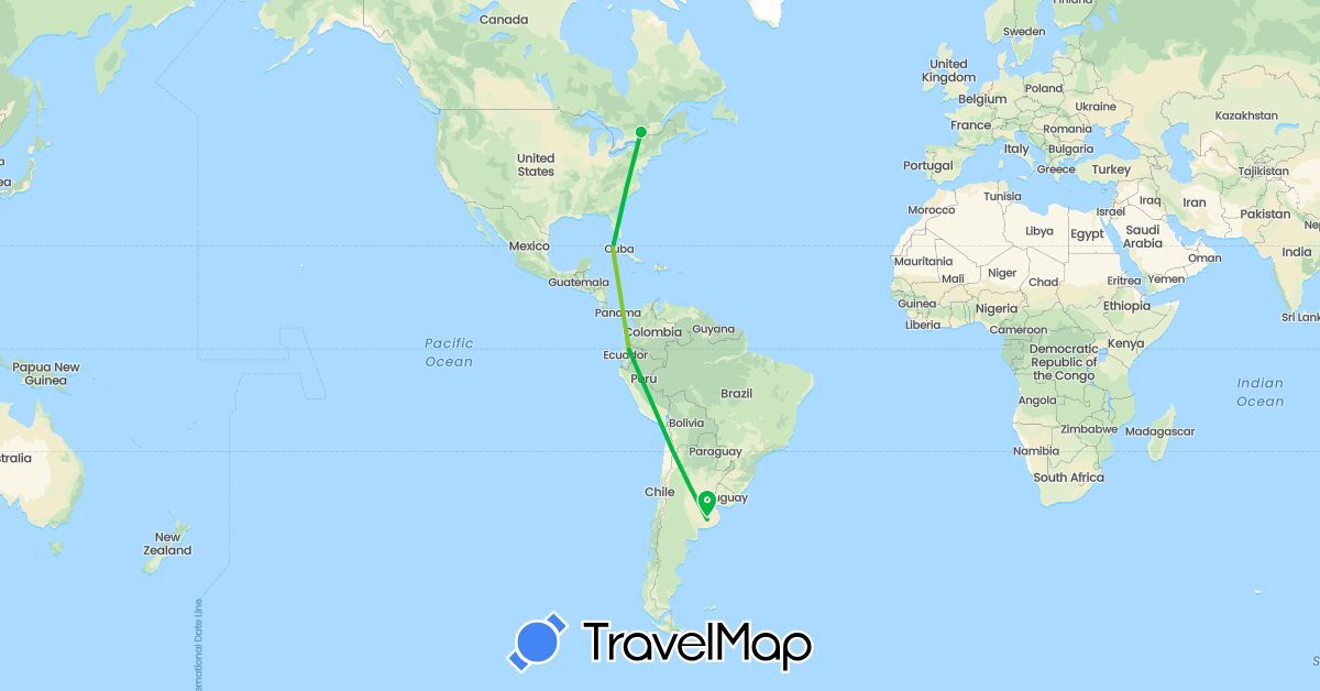 TravelMap itinerary: driving, bus, electric vehicle in Argentina, Canada, Cuba, Ecuador (North America, South America)